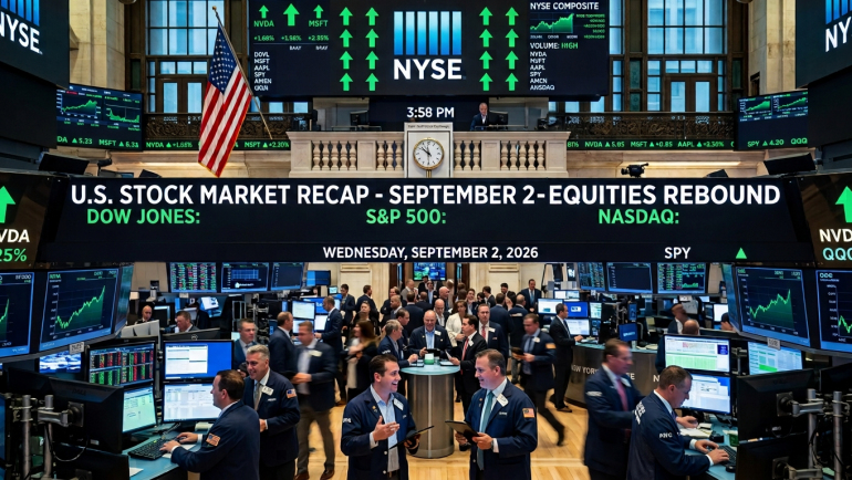 New York Stock Exchange trading floor illustration showing traders, green market charts and upward arrows for the Dow Jones, S&P 500 and Nasdaq during a U.S. equity-market rebound on Wednesday, September 2, 2026.