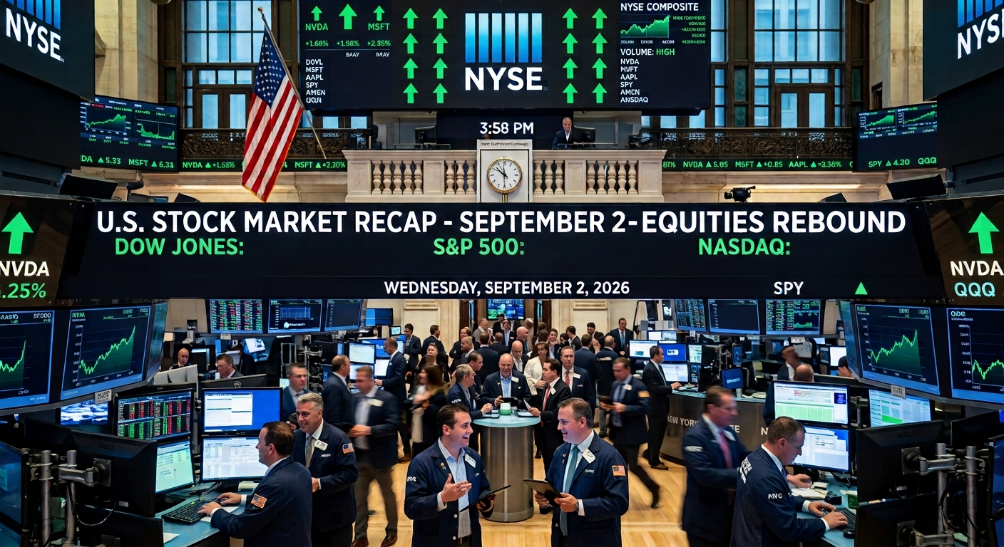 New York Stock Exchange trading floor illustration showing traders, green market charts and upward arrows for the Dow Jones, S&P 500 and Nasdaq during a U.S. equity-market rebound on Wednesday, September 2, 2026.