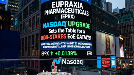 Digital Nasdaq billboard in Times Square highlighting Eupraxia Pharmaceuticals (NASDAQ: EPRX), its Nasdaq Global Select Market upgrade, and the upcoming eosinophilic esophagitis clinical-data catalyst.