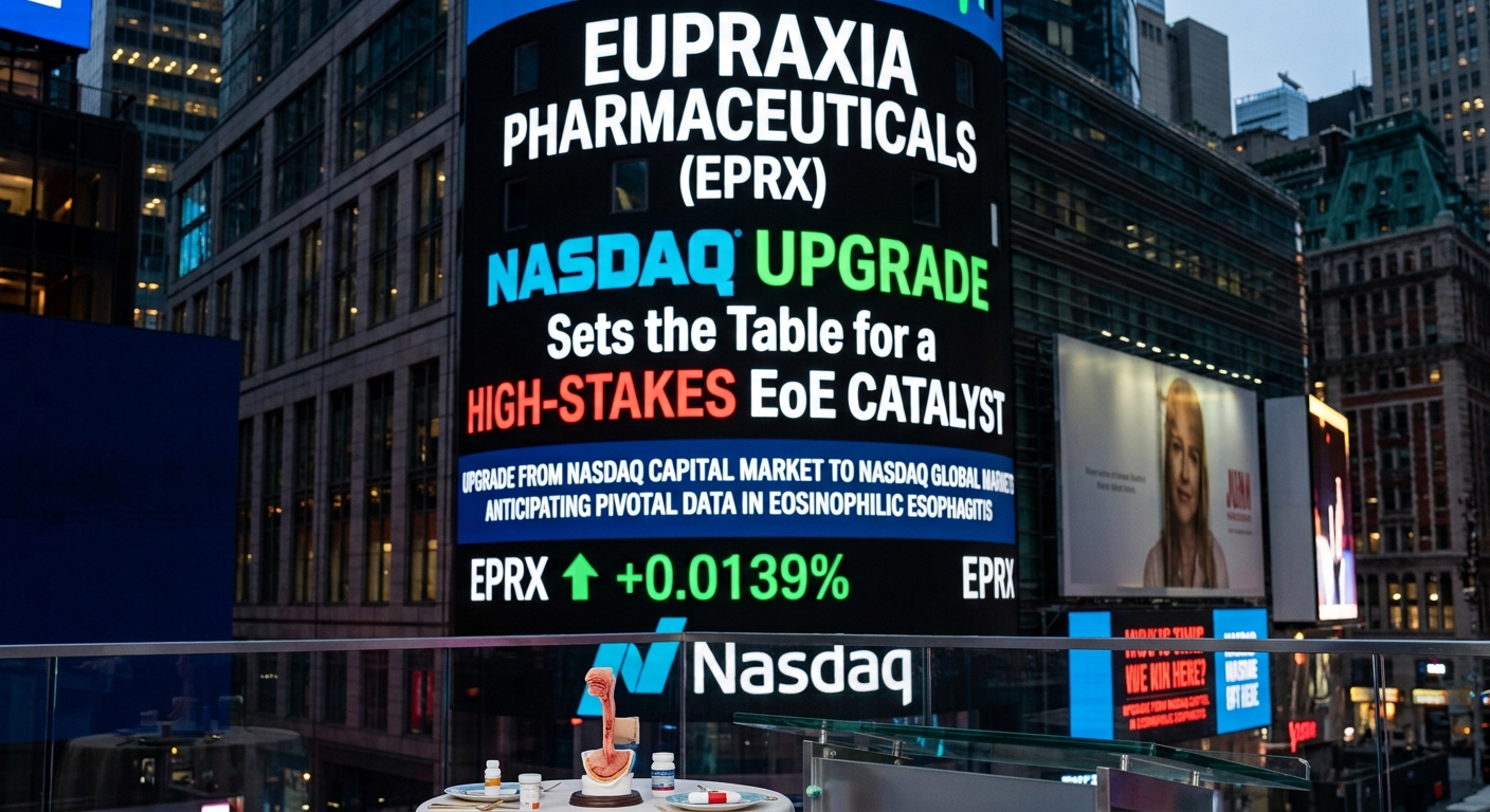 Digital Nasdaq billboard in Times Square highlighting Eupraxia Pharmaceuticals (NASDAQ: EPRX), its Nasdaq Global Select Market upgrade, and the upcoming eosinophilic esophagitis clinical-data catalyst.
