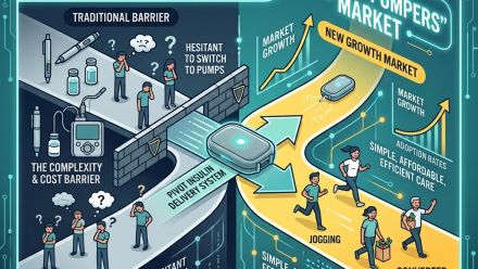 Illustrated investor infographic showing Modular Medical’s Pivot insulin delivery system helping diabetes patients move beyond traditional barriers to pump adoption. On the left, patients face injection pens, conventional pump complexity, cost concerns, and uncertainty; on the right, Pivot’s simple tubeless patch-pump design leads toward a growing market of converted pump users, with upward-growth arrows and active patients.