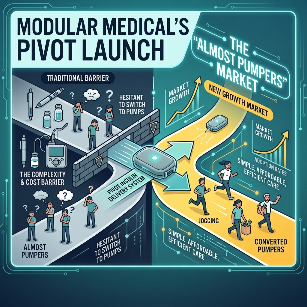 Illustrated investor infographic showing Modular Medical’s Pivot insulin delivery system helping diabetes patients move beyond traditional barriers to pump adoption. On the left, patients face injection pens, conventional pump complexity, cost concerns, and uncertainty; on the right, Pivot’s simple tubeless patch-pump design leads toward a growing market of converted pump users, with upward-growth arrows and active patients.