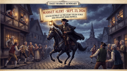 Vintage newspaper-style illustration of a colonial-era rider on a black horse delivering a market alert through a town at night. A banner reads, “Market Alert — Sept. 23, 2026: Stocks Retreat as Treasury Yields Surge and Inflation Risks Reprice,” while townspeople gather in concern beneath a “Daily Market Summary” headline.