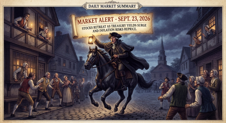 Vintage newspaper-style illustration of a colonial-era rider on a black horse delivering a market alert through a town at night. A banner reads, “Market Alert — Sept. 23, 2026: Stocks Retreat as Treasury Yields Surge and Inflation Risks Reprice,” while townspeople gather in concern beneath a “Daily Market Summary” headline.