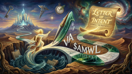 Surreal financial illustration depicting Amwell’s potential U.S. Department of Veterans Affairs digital-health opportunity: a luminous “Letter of Intent” scroll marked “Amwell–VA Partnership,” a rising green arrow shaped like a fountain pen, “VA $AMWL” lettering, healthcare symbols, documents, and a winding road toward a futuristic city beneath a star-filled sky.