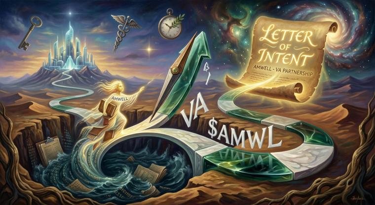 Surreal financial illustration depicting Amwell’s potential U.S. Department of Veterans Affairs digital-health opportunity: a luminous “Letter of Intent” scroll marked “Amwell–VA Partnership,” a rising green arrow shaped like a fountain pen, “VA $AMWL” lettering, healthcare symbols, documents, and a winding road toward a futuristic city beneath a star-filled sky.