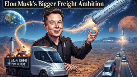 Illustrated editorial graphic of Elon Musk standing beside a Tesla Semi truck in a Nevada desert landscape, with freight trucks on a highway, Gigafactory Nevada in the distance, and SpaceX rockets flying toward space and Mars.