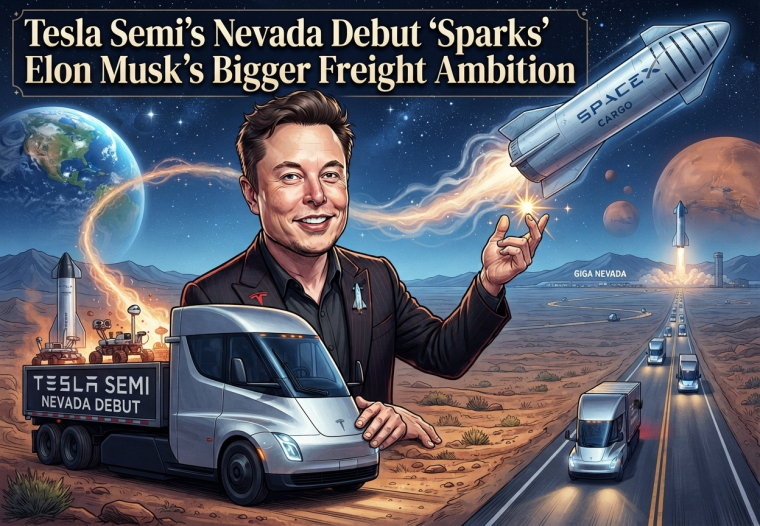 Illustrated editorial graphic of Elon Musk standing beside a Tesla Semi truck in a Nevada desert landscape, with freight trucks on a highway, Gigafactory Nevada in the distance, and SpaceX rockets flying toward space and Mars.