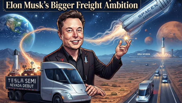 Illustrated editorial graphic of Elon Musk standing beside a Tesla Semi truck in a Nevada desert landscape, with freight trucks on a highway, Gigafactory Nevada in the distance, and SpaceX rockets flying toward space and Mars.
