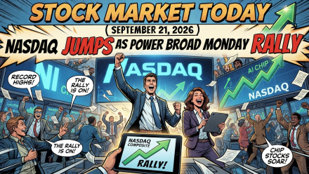 Comic-book-style illustration of a Wall Street trading floor celebrating a stock-market rally, with bold text reading “Stock Market Today,” “September 21, 2026,” and “Nasdaq Jumps as Power Broad Monday Rally,” alongside rising green charts, Nasdaq screens, AI-chip references, and traders cheering.
