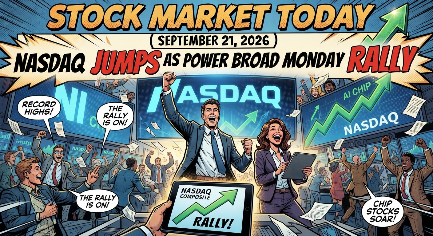 Comic-book-style illustration of a Wall Street trading floor celebrating a stock-market rally, with bold text reading “Stock Market Today,” “September 21, 2026,” and “Nasdaq Jumps as Power Broad Monday Rally,” alongside rising green charts, Nasdaq screens, AI-chip references, and traders cheering.