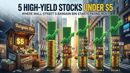 Illustrated Wall Street scene promoting five high-yield stocks under $5, featuring a “Bargain Bin” kiosk filled with cash, stacks of gold coins, five green rising bar-chart pillars topped with apartment buildings labeled “Paying Rent,” and the New York Stock Exchange in the background.