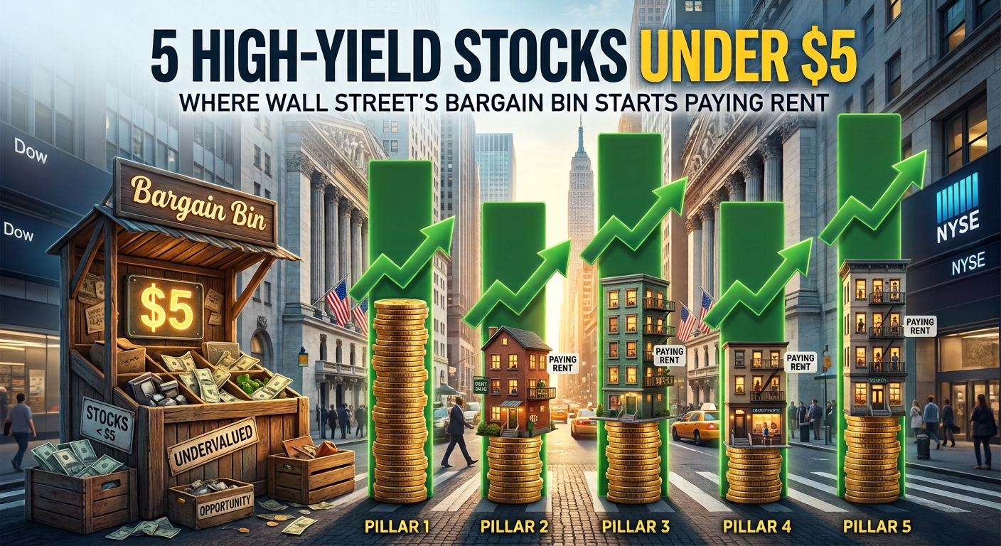 Illustrated Wall Street scene promoting five high-yield stocks under $5, featuring a “Bargain Bin” kiosk filled with cash, stacks of gold coins, five green rising bar-chart pillars topped with apartment buildings labeled “Paying Rent,” and the New York Stock Exchange in the background.