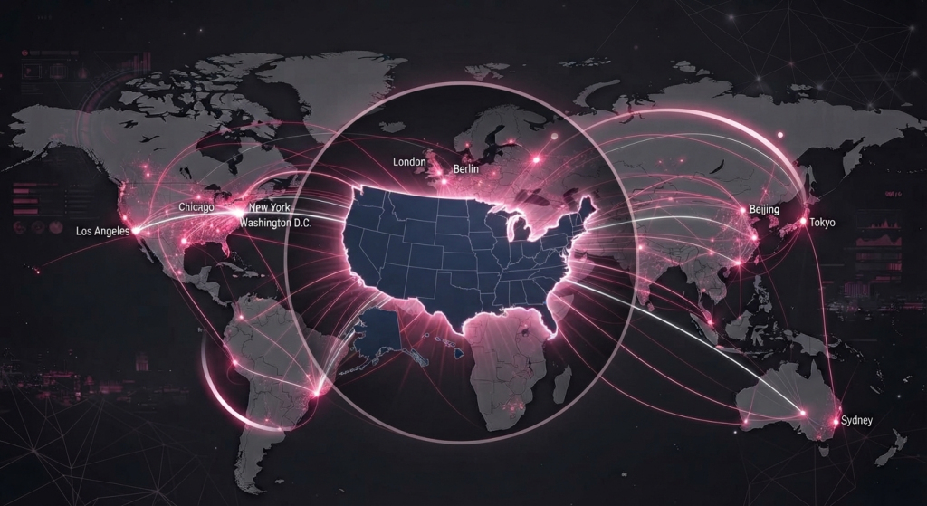 Stylized world map showing the United States highlighted at the center, with glowing pink connection lines linking Los Angeles, Chicago, New York, Washington, D.C., London, Berlin, Beijing, Tokyo and Sydney—illustrating global investor engagement, corporate access and virtual CEO communication.