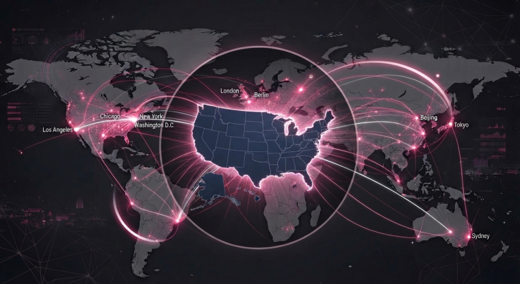 Stylized world map showing the United States highlighted at the center, with glowing pink connection lines linking Los Angeles, Chicago, New York, Washington, D.C., London, Berlin, Beijing, Tokyo and Sydney—illustrating global investor engagement, corporate access and virtual CEO communication.