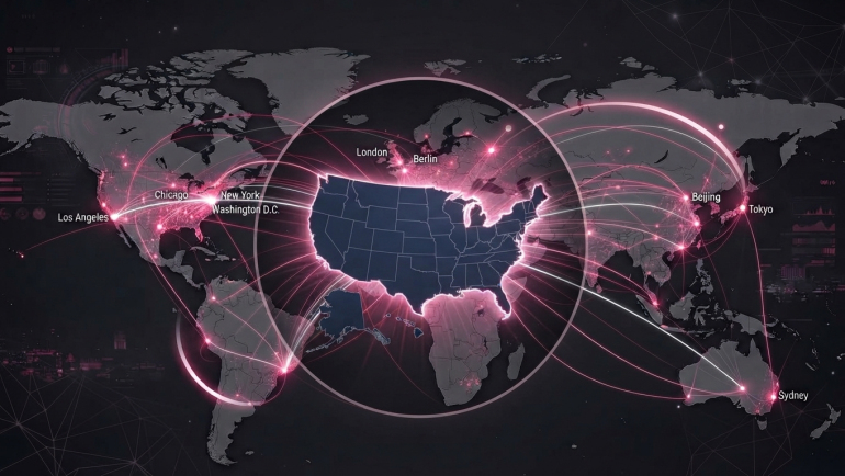Stylized world map showing the United States highlighted at the center, with glowing pink connection lines linking Los Angeles, Chicago, New York, Washington, D.C., London, Berlin, Beijing, Tokyo and Sydney—illustrating global investor engagement, corporate access and virtual CEO communication.
