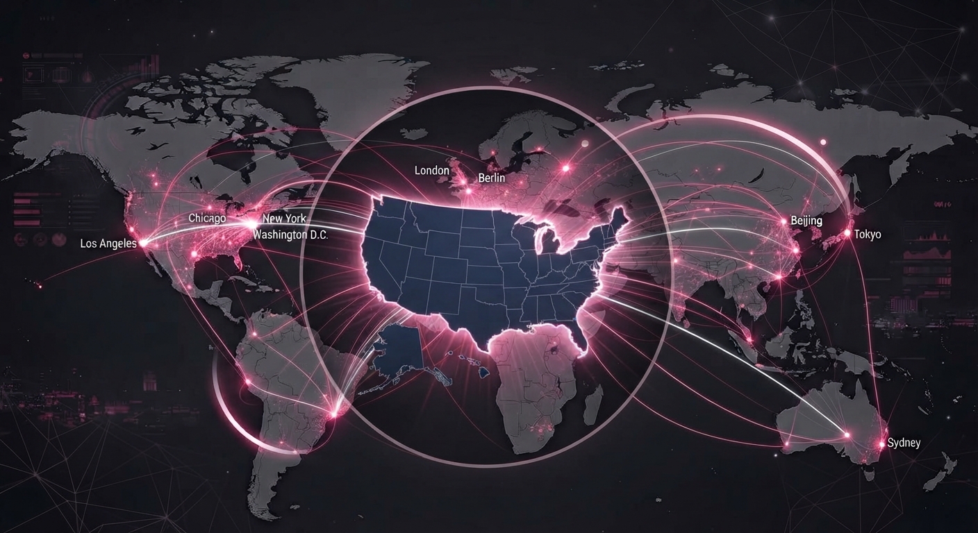 Stylized world map showing the United States highlighted at the center, with glowing pink connection lines linking Los Angeles, Chicago, New York, Washington, D.C., London, Berlin, Beijing, Tokyo and Sydney—illustrating global investor engagement, corporate access and virtual CEO communication.