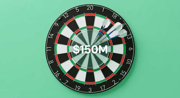 Dartboard with three darts clustered near the bullseye and “$150M” displayed at the center, symbolizing Beta Bionics’ targeted $150 million public offering.