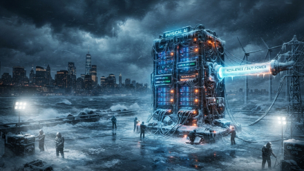 Storm-battered “Physical AI” data center connected to a power grid, illustrating AI infrastructure, resilient energy systems and 24/7 computing reliability.