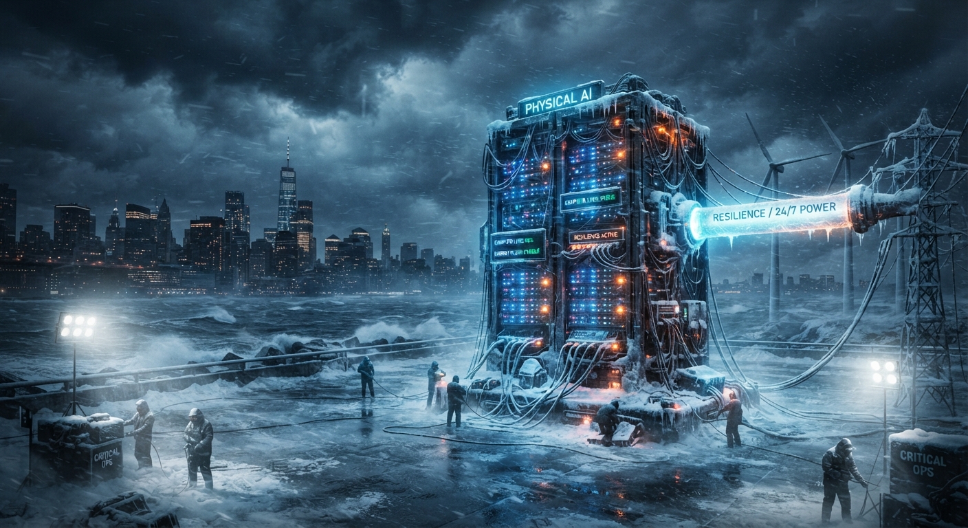 Storm-battered “Physical AI” data center connected to a power grid, illustrating AI infrastructure, resilient energy systems and 24/7 computing reliability.
