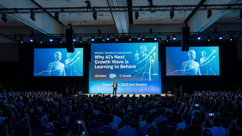 Wide-angle view of a packed technology conference auditorium during a keynote presentation, with large blue screens displaying “NVIDIA, Salesforce and Amwell: Why AI’s Next Growth Wave Is Learning to Behave,” alongside AI-inspired human figures, upward arrows and the companies’ logos.