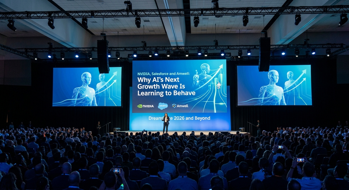 Wide-angle view of a packed technology conference auditorium during a keynote presentation, with large blue screens displaying “NVIDIA, Salesforce and Amwell: Why AI’s Next Growth Wave Is Learning to Behave,” alongside AI-inspired human figures, upward arrows and the companies’ logos.
