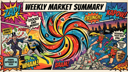 Comic-book-style Weekly Market Summary illustration for September 18, 2026, showing a swirling market vortex, mixed stock-market arrows, investors reacting to volatility, Treasury yields near 5%, and crude oil holding above $95 per barrel.