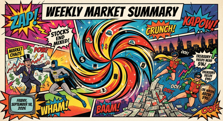 Comic-book-style Weekly Market Summary illustration for September 18, 2026, showing a swirling market vortex, mixed stock-market arrows, investors reacting to volatility, Treasury yields near 5%, and crude oil holding above $95 per barrel.