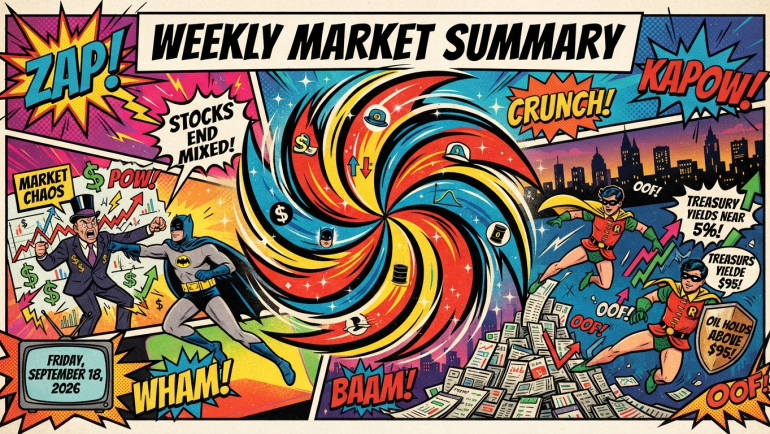 Comic-book-style Weekly Market Summary illustration for September 18, 2026, showing a swirling market vortex, mixed stock-market arrows, investors reacting to volatility, Treasury yields near 5%, and crude oil holding above $95 per barrel.