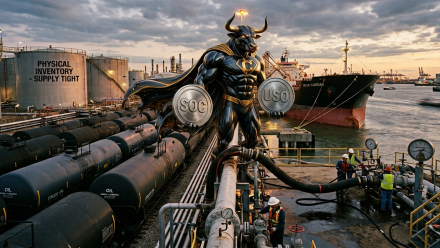 Bullish oil market illustration showing a superhero bull at a crude-oil terminal with storage tanks, pipelines, workers and a tanker ship, representing tight physical supply and energy-stock momentum.