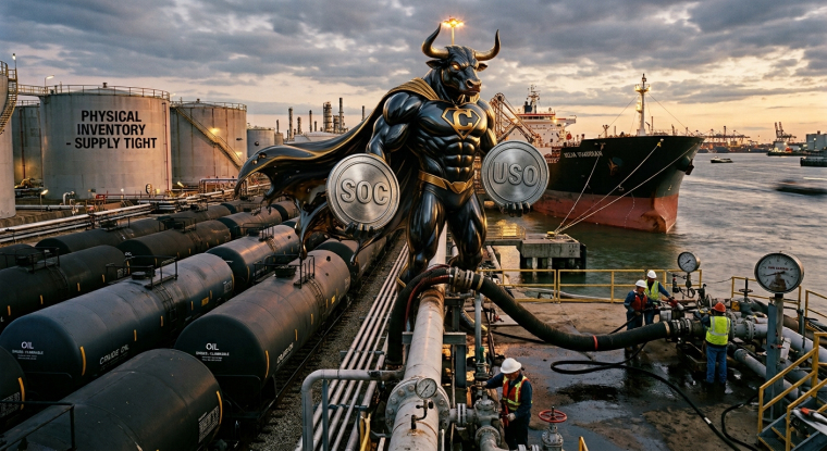 Bullish oil market illustration showing a superhero bull at a crude-oil terminal with storage tanks, pipelines, workers and a tanker ship, representing tight physical supply and energy-stock momentum.