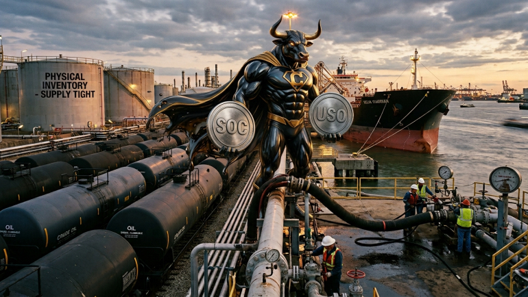 Bullish oil market illustration showing a superhero bull at a crude-oil terminal with storage tanks, pipelines, workers and a tanker ship, representing tight physical supply and energy-stock momentum.