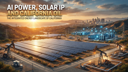 A California energy landscape at sunset featuring a large solar-panel array, oil pumpjacks, power transmission lines and a glowing AI data-center complex, illustrating the convergence of artificial intelligence power demand, solar technology, energy infrastructure and California oil production.