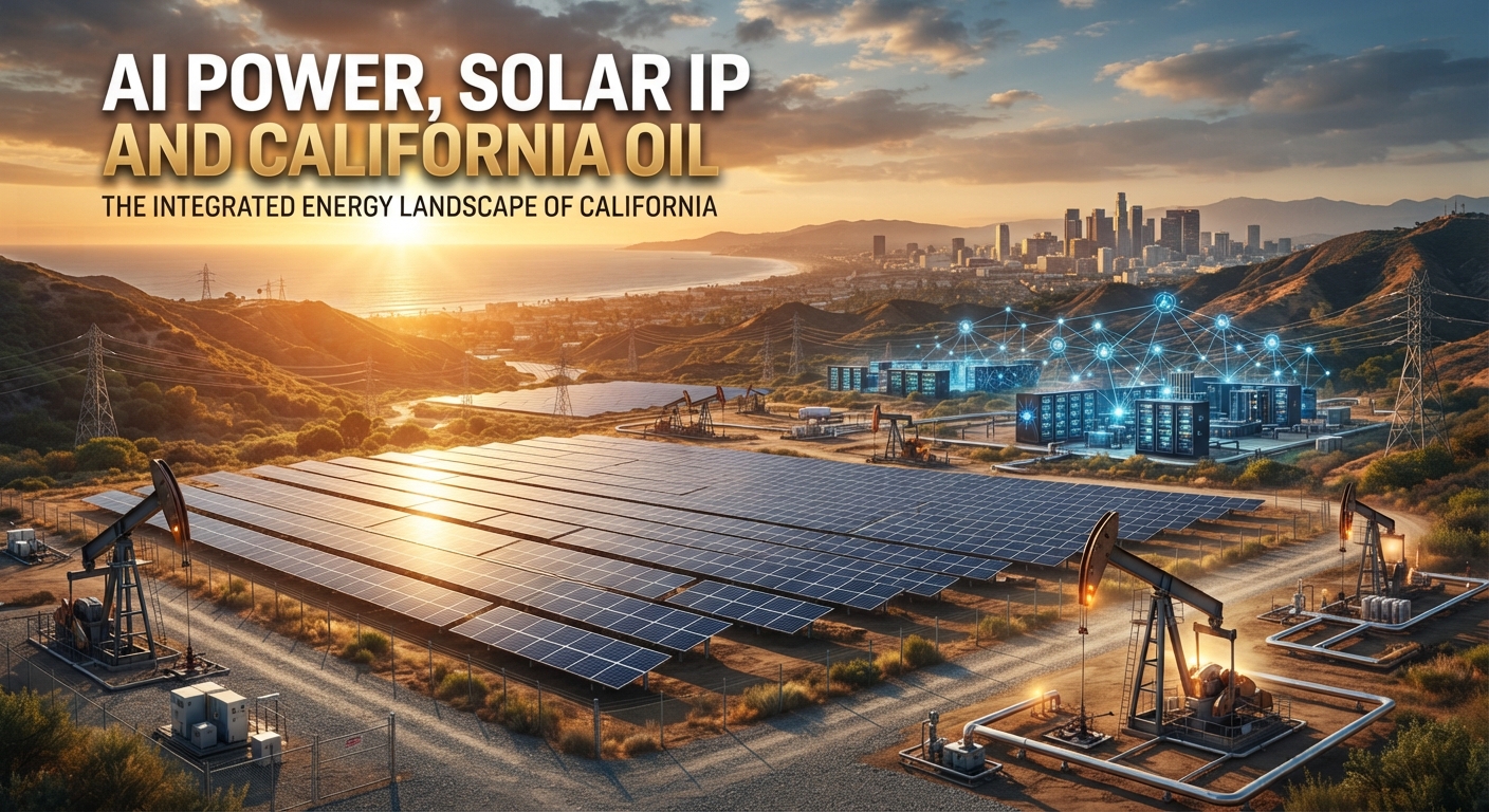 A California energy landscape at sunset featuring a large solar-panel array, oil pumpjacks, power transmission lines and a glowing AI data-center complex, illustrating the convergence of artificial intelligence power demand, solar technology, energy infrastructure and California oil production.