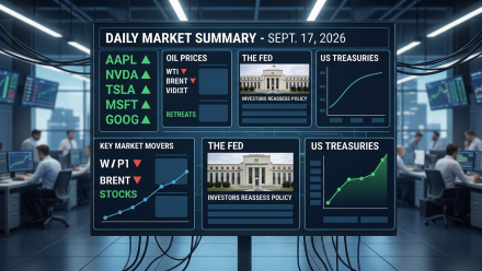 Digital daily market summary dashboard for September 17, 2026, showing rising technology stocks, falling WTI and Brent oil prices, Federal Reserve policy analysis, and U.S. Treasury yield charts in a financial trading-office setting.