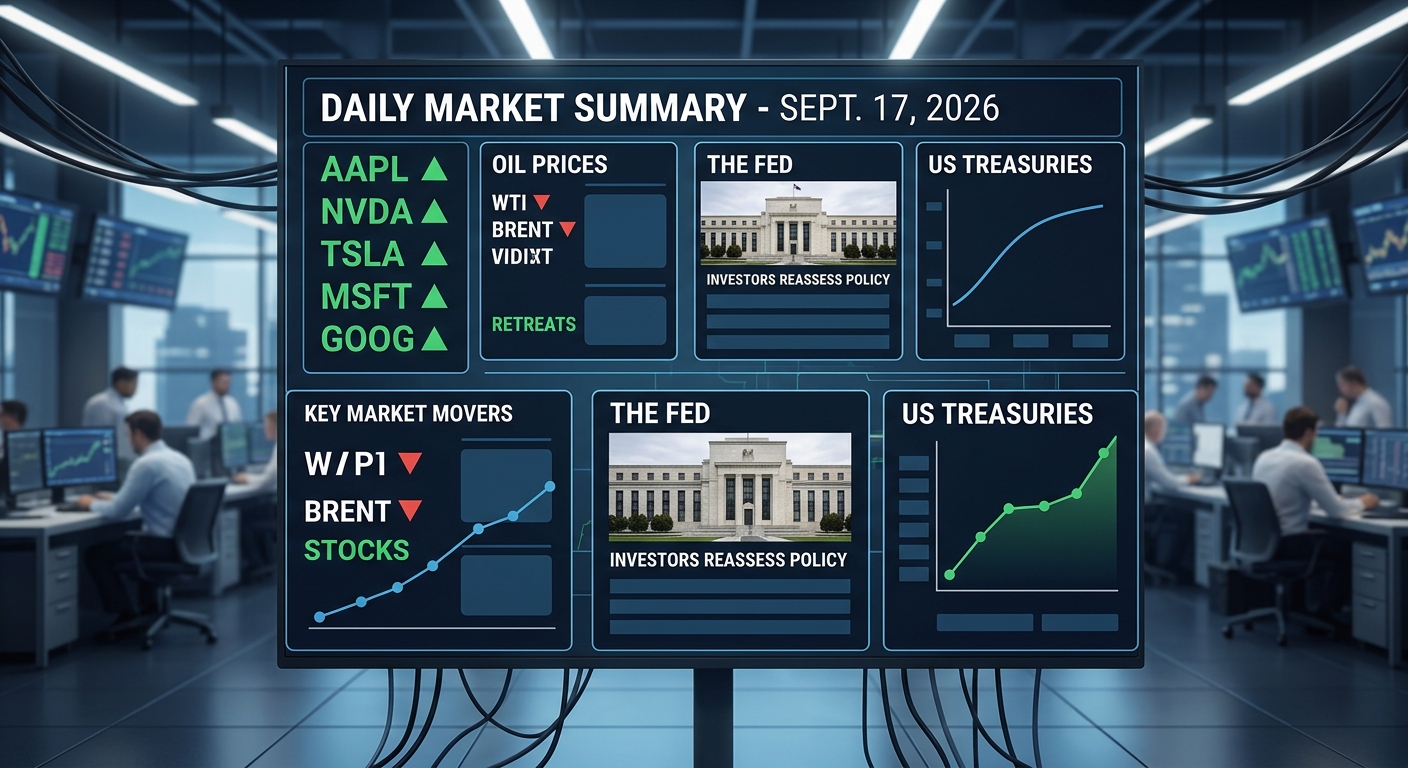 Digital daily market summary dashboard for September 17, 2026, showing rising technology stocks, falling WTI and Brent oil prices, Federal Reserve policy analysis, and U.S. Treasury yield charts in a financial trading-office setting.