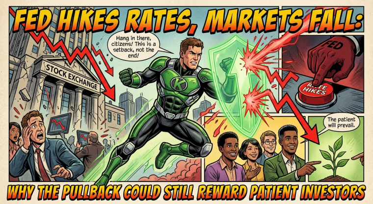 Comic-book style illustration of the Federal Reserve raising interest rates as a red stock-market chart falls, while a green superhero shields investors and a small plant symbolizes long-term growth for patient investors.
