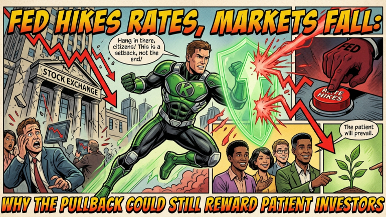 Comic-book style illustration of the Federal Reserve raising interest rates as a red stock-market chart falls, while a green superhero shields investors and a small plant symbolizes long-term growth for patient investors.