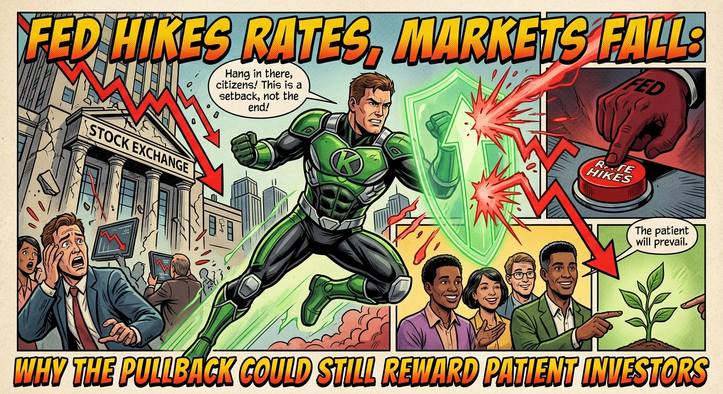 Comic-book style illustration of the Federal Reserve raising interest rates as a red stock-market chart falls, while a green superhero shields investors and a small plant symbolizes long-term growth for patient investors.