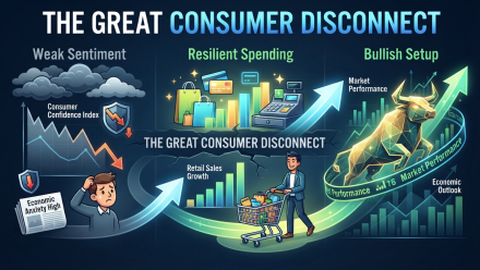 Illustration showing the consumer-market disconnect: falling consumer confidence and economic anxiety on the left, resilient retail spending and payment activity in the center, and a rising stock market with a golden bull and upward arrow on the right.