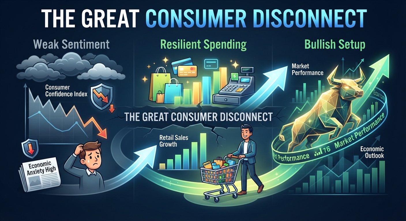 Illustration showing the consumer-market disconnect: falling consumer confidence and economic anxiety on the left, resilient retail spending and payment activity in the center, and a rising stock market with a golden bull and upward arrow on the right.