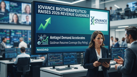 Iovance Biotherapeutics revenue guidance display in a modern trading-floor setting, highlighting rising Amtagvi demand, a Goldman Sachs Buy rating, and NASDAQ market screens.