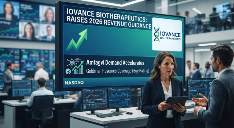 Iovance Biotherapeutics revenue guidance display in a modern trading-floor setting, highlighting rising Amtagvi demand, a Goldman Sachs Buy rating, and NASDAQ market screens.