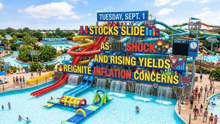 Colorful water-park scene with a large billboard reading “Tuesday, Sept. 1: Stocks Slide as Oil Shock and Rising Yields Reignite Inflation Concerns,” illustrating a volatile U.S. market day marked by falling stocks, surging crude oil prices and higher Treasury yields.