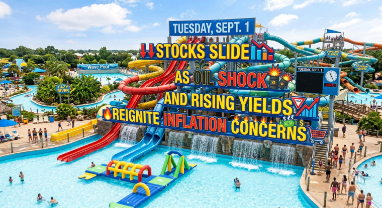 Colorful water-park scene with a large billboard reading “Tuesday, Sept. 1: Stocks Slide as Oil Shock and Rising Yields Reignite Inflation Concerns,” illustrating a volatile U.S. market day marked by falling stocks, surging crude oil prices and higher Treasury yields.