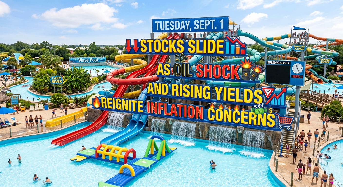 Colorful water-park scene with a large billboard reading “Tuesday, Sept. 1: Stocks Slide as Oil Shock and Rising Yields Reignite Inflation Concerns,” illustrating a volatile U.S. market day marked by falling stocks, surging crude oil prices and higher Treasury yields.