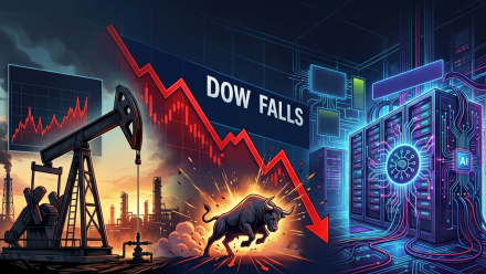 Illustration of the Dow falling amid rising oil prices and AI infrastructure growth, featuring an oil pumpjack, red declining stock chart, Wall Street bull, and glowing data-center servers.