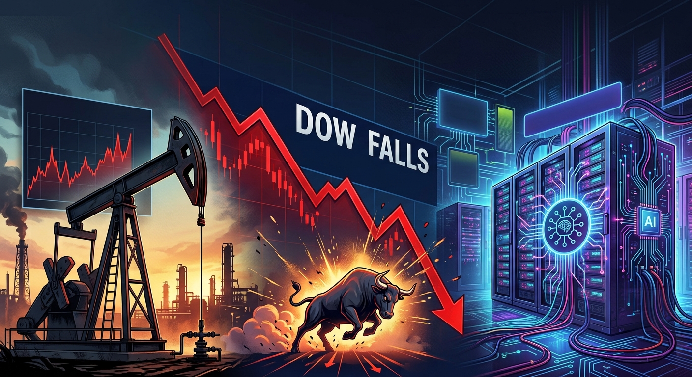 Illustration of the Dow falling amid rising oil prices and AI infrastructure growth, featuring an oil pumpjack, red declining stock chart, Wall Street bull, and glowing data-center servers.