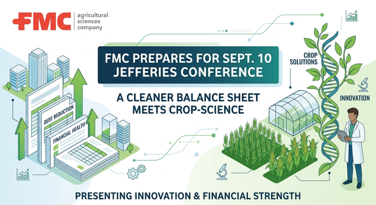 FMC Corporation infographic promoting its September 10 Jefferies Conference presentation, highlighting debt reduction, financial health, crop solutions, innovation, greenhouse farming, genetics and agricultural-science growth.