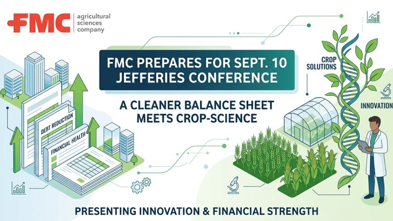 FMC Corporation infographic promoting its September 10 Jefferies Conference presentation, highlighting debt reduction, financial health, crop solutions, innovation, greenhouse farming, genetics and agricultural-science growth.
